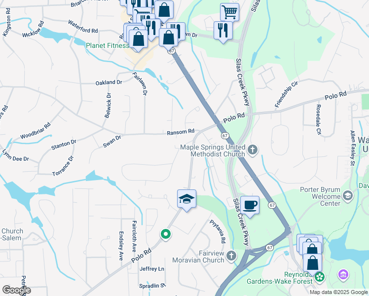 map of restaurants, bars, coffee shops, grocery stores, and more near 202 Wake Drive in Winston-Salem