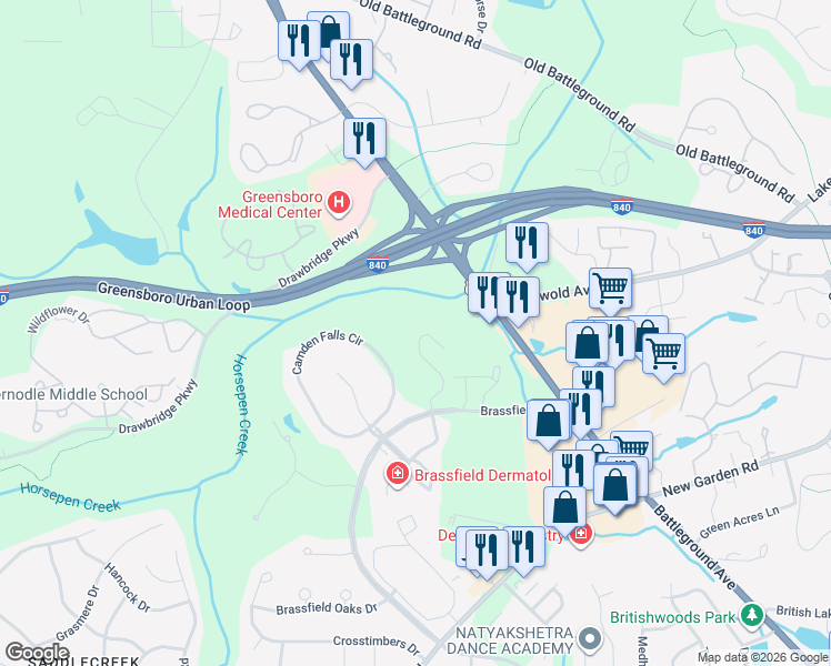 map of restaurants, bars, coffee shops, grocery stores, and more near 3783 Winborne Lane in Greensboro