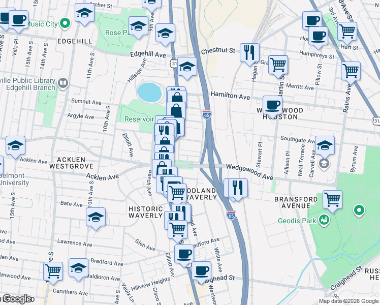 map of restaurants, bars, coffee shops, grocery stores, and more near 758 Wedgewood Park in Nashville