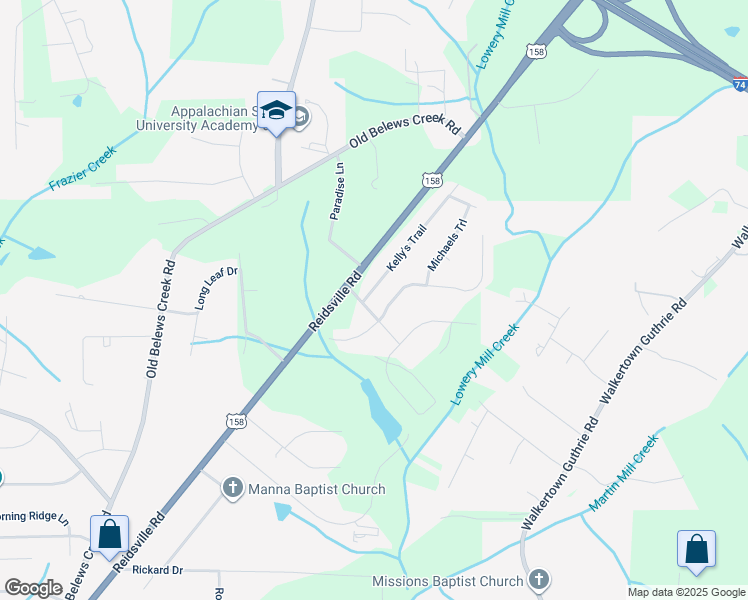 map of restaurants, bars, coffee shops, grocery stores, and more near 4602 Kellys Trail Court in Winston-Salem
