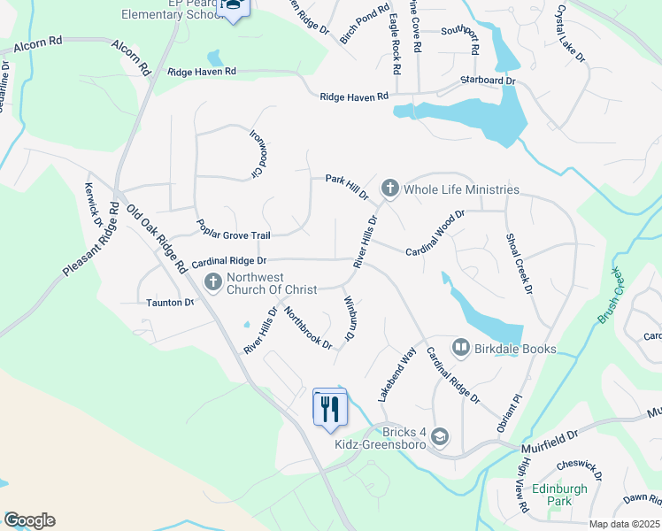 map of restaurants, bars, coffee shops, grocery stores, and more near 3501 Cardinal Ridge Drive in Greensboro