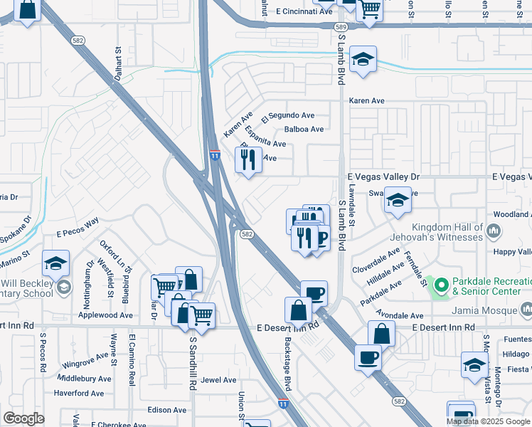 map of restaurants, bars, coffee shops, grocery stores, and more near 3000 South Sandhill Road in Las Vegas