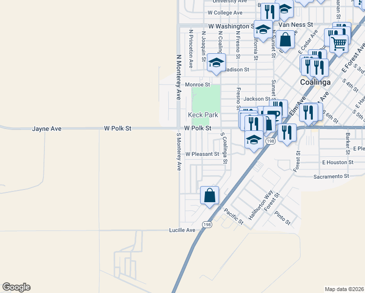 map of restaurants, bars, coffee shops, grocery stores, and more near 213 South Monterey Avenue in Coalinga