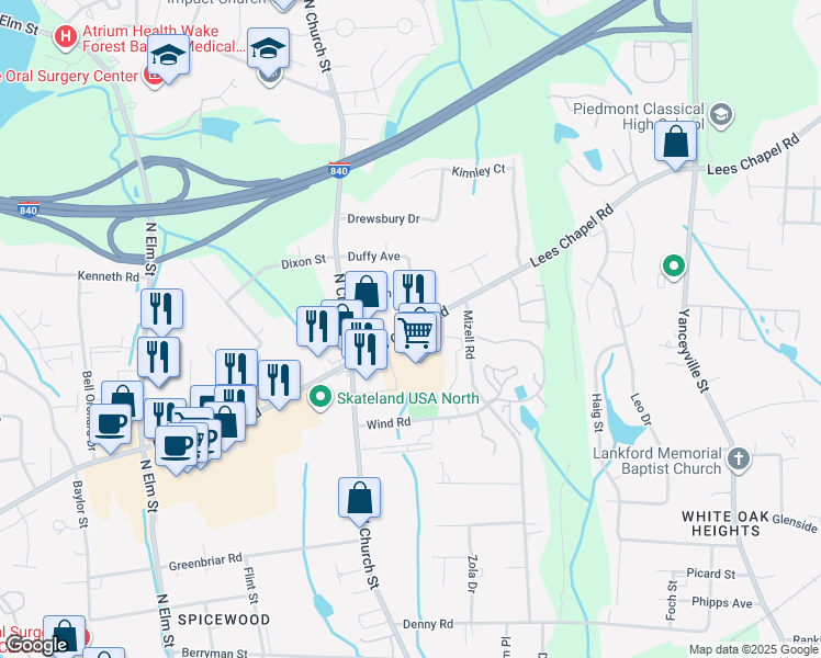 map of restaurants, bars, coffee shops, grocery stores, and more near 1316 Lees Chapel Road in Greensboro