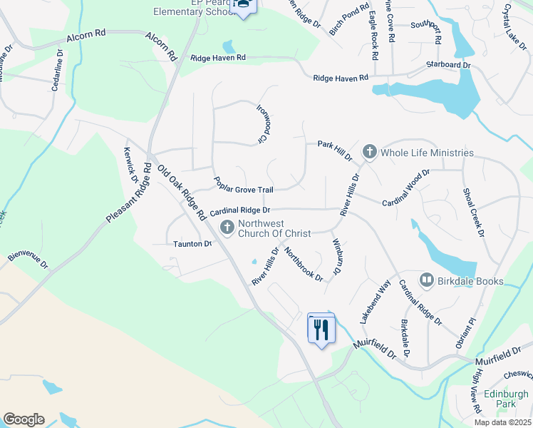 map of restaurants, bars, coffee shops, grocery stores, and more near 3527 Cardinal Ridge Drive in Greensboro