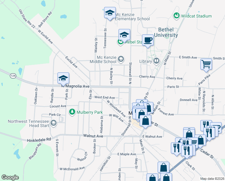 map of restaurants, bars, coffee shops, grocery stores, and more near 363 W Magnolia Ave in McKenzie