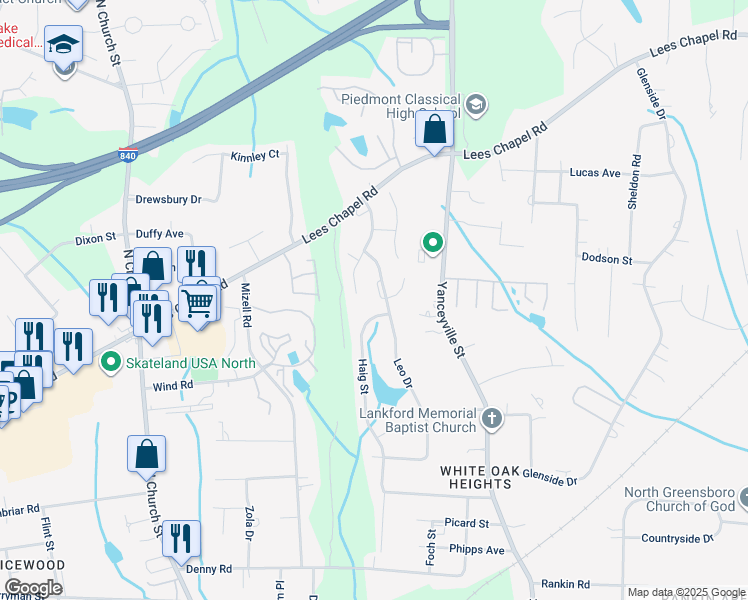 map of restaurants, bars, coffee shops, grocery stores, and more near 3011 Windsor Creek Way in Greensboro