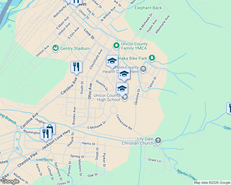 map of restaurants, bars, coffee shops, grocery stores, and more near 600 South Mohawk Drive in Erwin