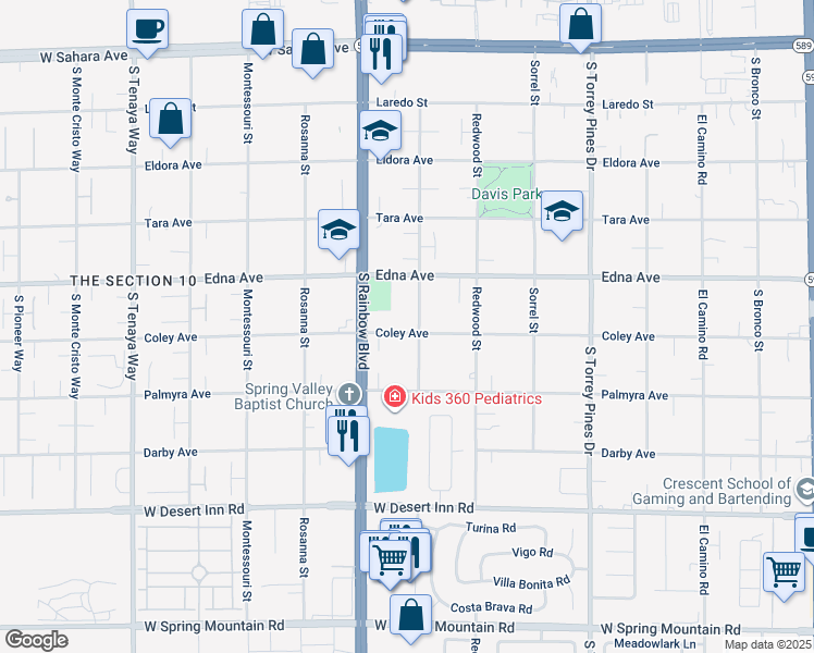 map of restaurants, bars, coffee shops, grocery stores, and more near 2989 Santa Margarita Street in Las Vegas