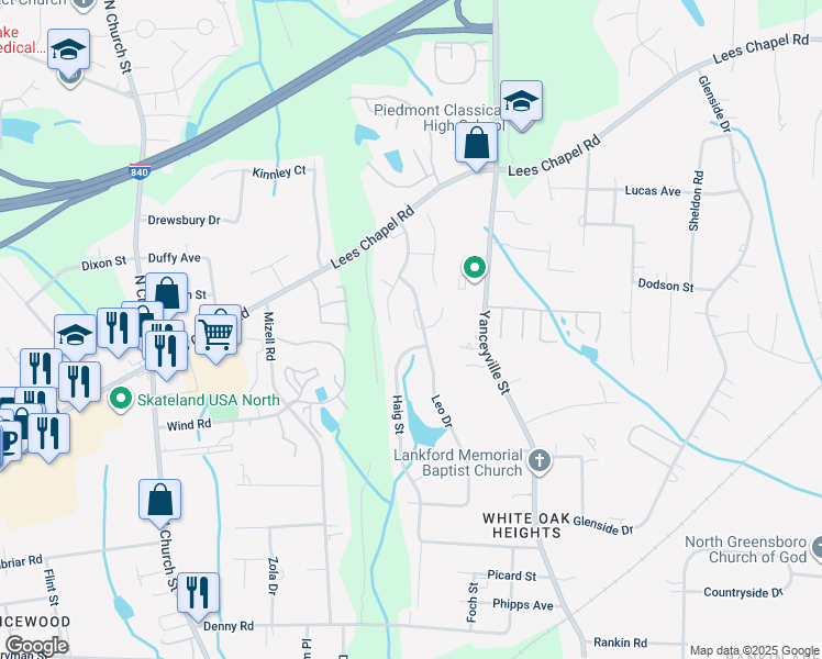 map of restaurants, bars, coffee shops, grocery stores, and more near 3011 Windsor Creek Way in Greensboro