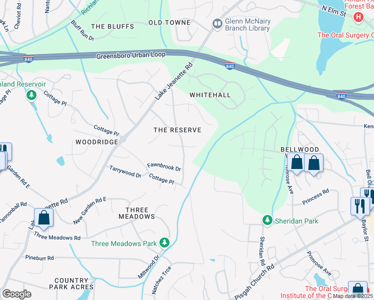 map of restaurants, bars, coffee shops, grocery stores, and more near 4508 Tenby Drive in Greensboro