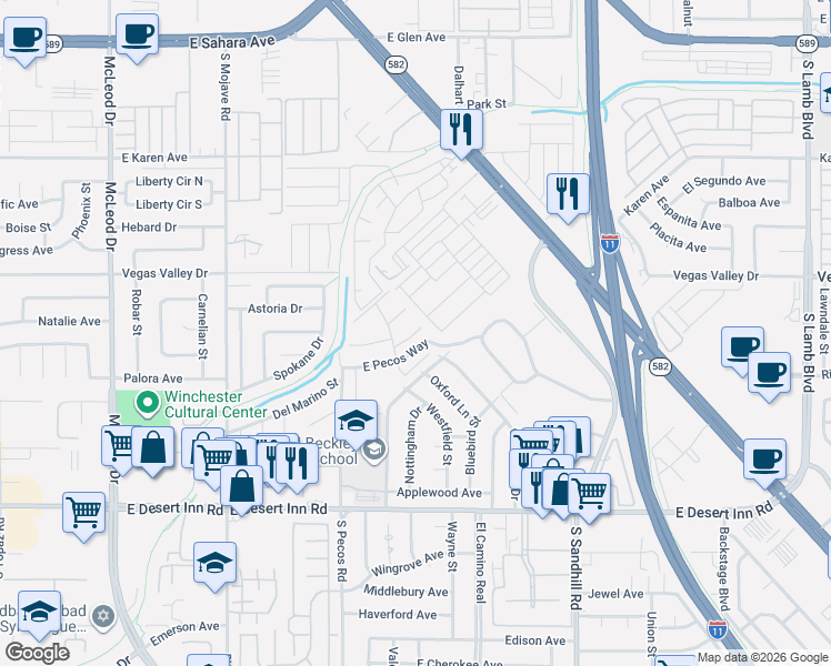 map of restaurants, bars, coffee shops, grocery stores, and more near 418 East Pecos Way in Las Vegas