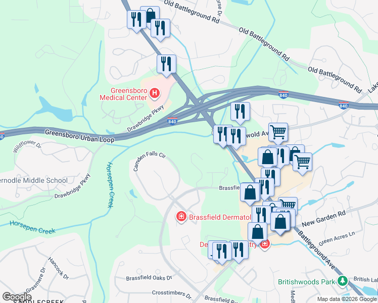 map of restaurants, bars, coffee shops, grocery stores, and more near 3783 Winborne Lane in Greensboro