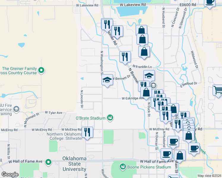 map of restaurants, bars, coffee shops, grocery stores, and more near 1211 North Washington Street in Stillwater