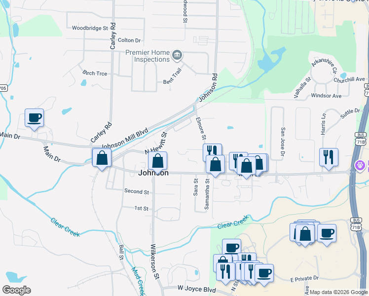 map of restaurants, bars, coffee shops, grocery stores, and more near 5512 Elmore St in Fayetteville