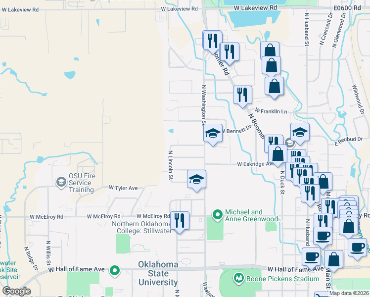 map of restaurants, bars, coffee shops, grocery stores, and more near 1002 West Will Rogers Drive in Stillwater