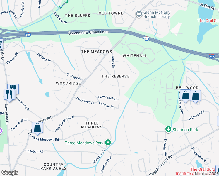 map of restaurants, bars, coffee shops, grocery stores, and more near 9 Silver Oak Court in Greensboro
