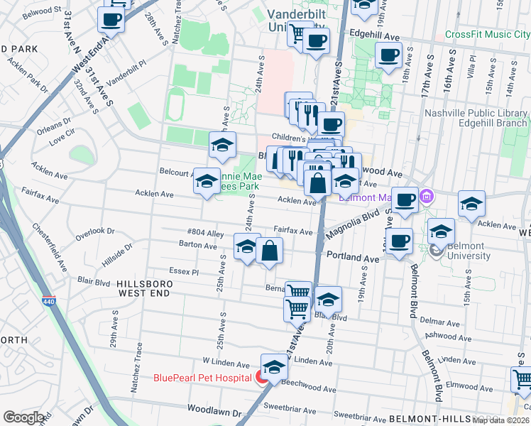map of restaurants, bars, coffee shops, grocery stores, and more near 2144 Fairfax Avenue in Nashville