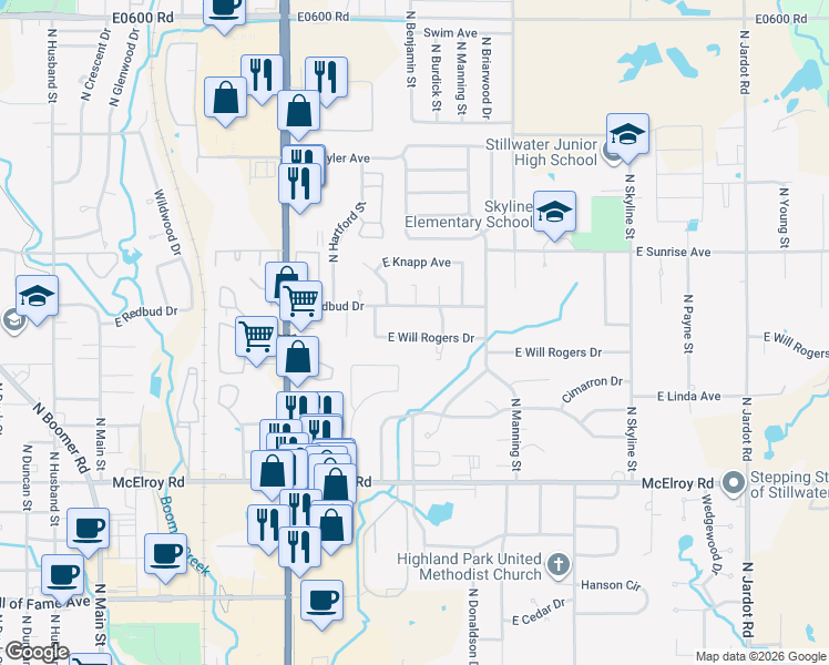 map of restaurants, bars, coffee shops, grocery stores, and more near 1002 East Will Rogers Drive in Stillwater