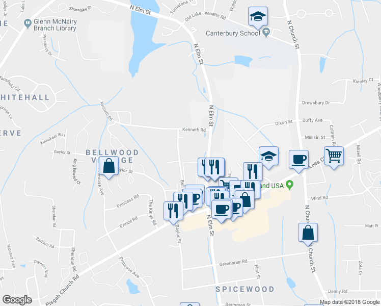 map of restaurants, bars, coffee shops, grocery stores, and more near 4202 Bell Orchard Drive in Greensboro