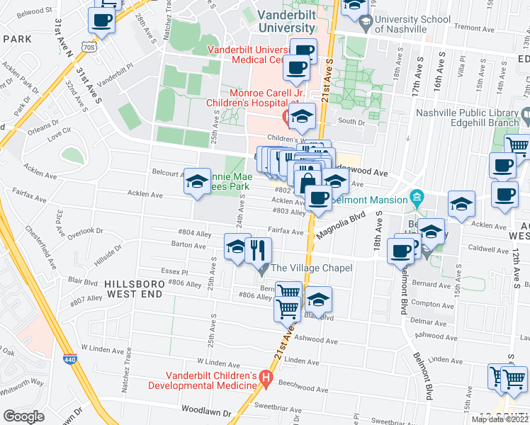 map of restaurants, bars, coffee shops, grocery stores, and more near 2115 Fairfax Avenue in Nashville
