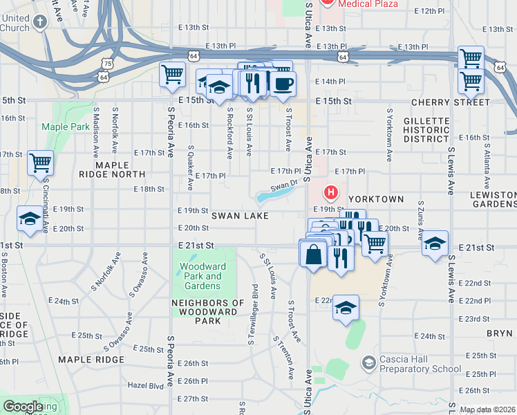 map of restaurants, bars, coffee shops, grocery stores, and more near 1538 East 19th Street in Tulsa