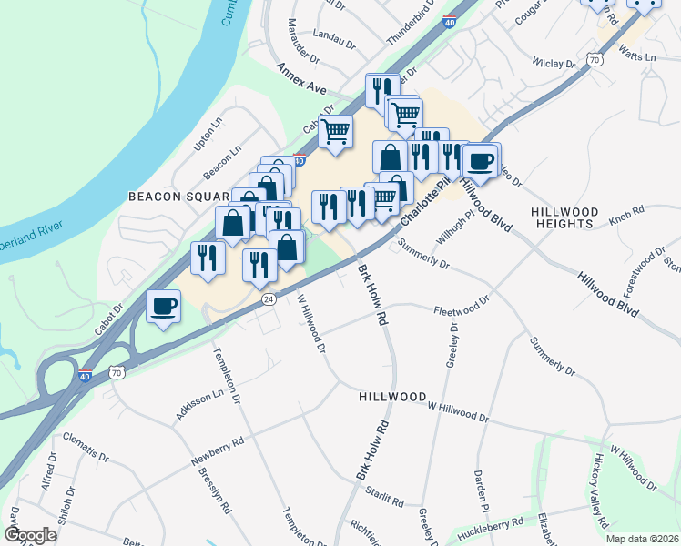 map of restaurants, bars, coffee shops, grocery stores, and more near 6719 Charlotte Pike in Nashville