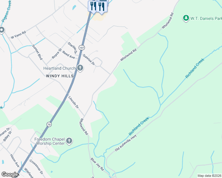 map of restaurants, bars, coffee shops, grocery stores, and more near 1135 Whirlwind Road in Greeneville