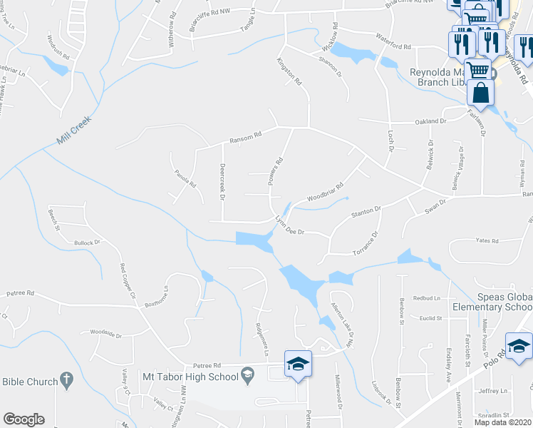 map of restaurants, bars, coffee shops, grocery stores, and more near 721 Lynn Dee Drive in Winston-Salem