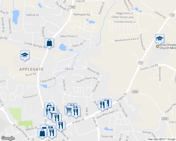 map of restaurants, bars, coffee shops, grocery stores, and more near 312 Windsor Manor Way in Kernersville