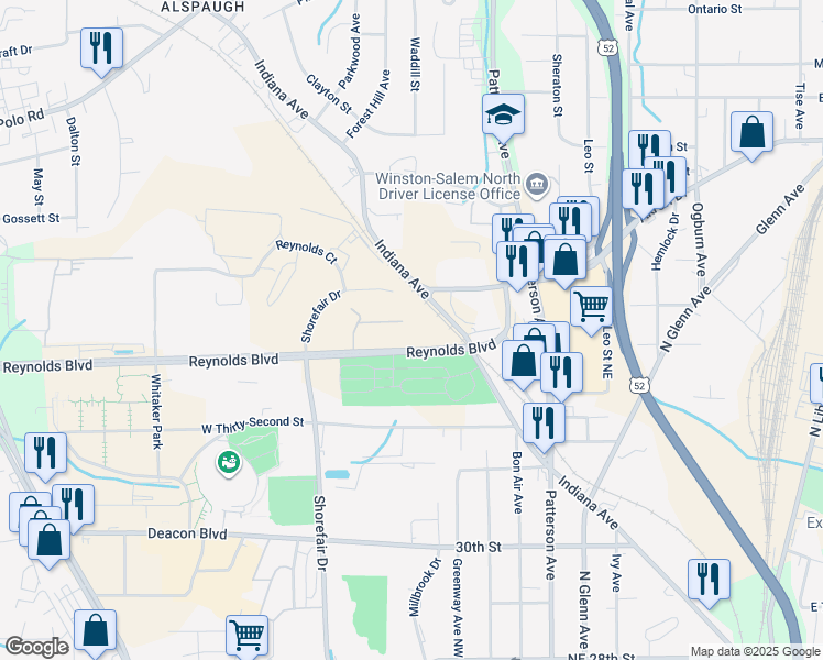 map of restaurants, bars, coffee shops, grocery stores, and more near 3531 Tire Town Road in Winston-Salem
