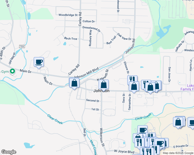 map of restaurants, bars, coffee shops, grocery stores, and more near 5526 Roxanne Place in Springdale