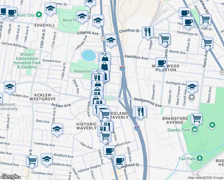 map of restaurants, bars, coffee shops, grocery stores, and more near 758 Wedgewood Park in Nashville