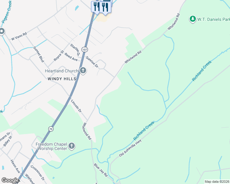map of restaurants, bars, coffee shops, grocery stores, and more near 1135 Whirlwind Road in Greeneville