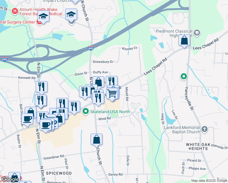 map of restaurants, bars, coffee shops, grocery stores, and more near 1322 Lees Chapel Road in Greensboro