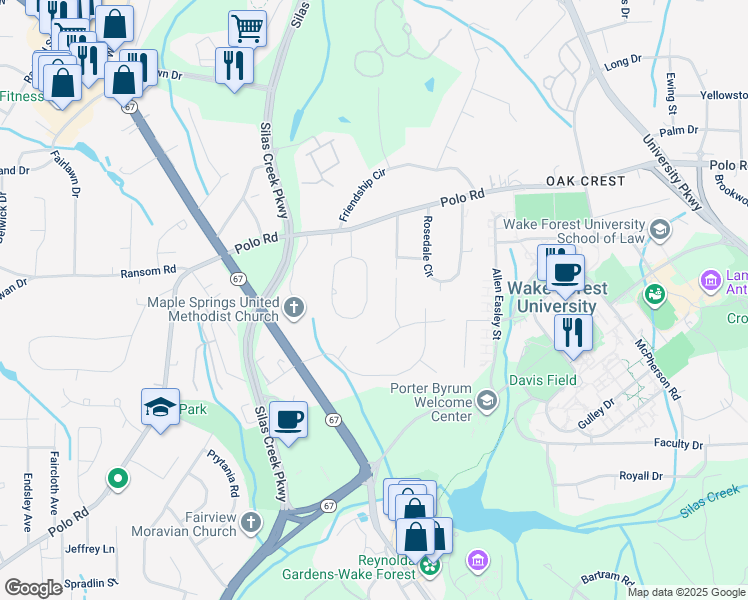 map of restaurants, bars, coffee shops, grocery stores, and more near 257 Crepe Myrtle Circle in Winston-Salem