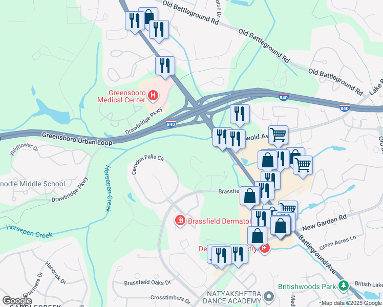 map of restaurants, bars, coffee shops, grocery stores, and more near 3783 Winborne Lane in Greensboro