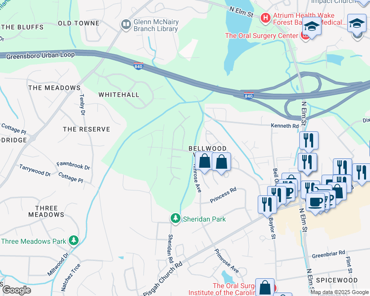 map of restaurants, bars, coffee shops, grocery stores, and more near 4200 Queen Victoria Place in Greensboro