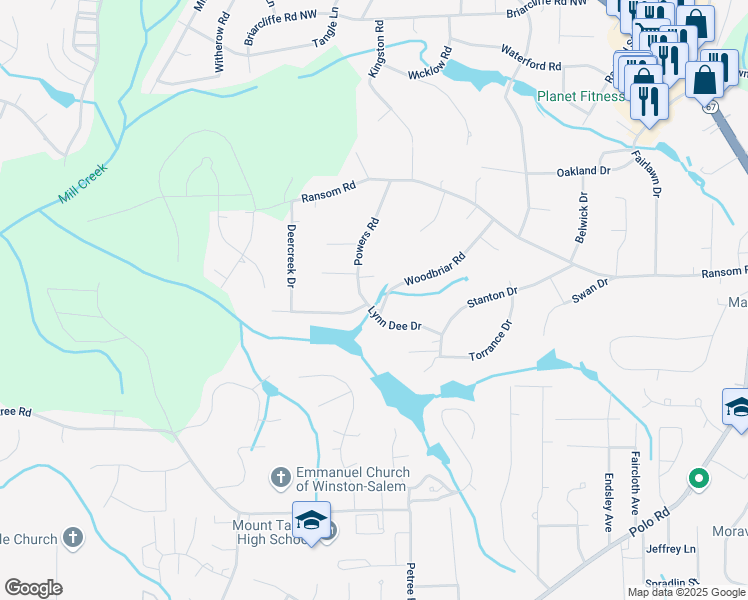 map of restaurants, bars, coffee shops, grocery stores, and more near 153 Woodbriar Road in Winston-Salem