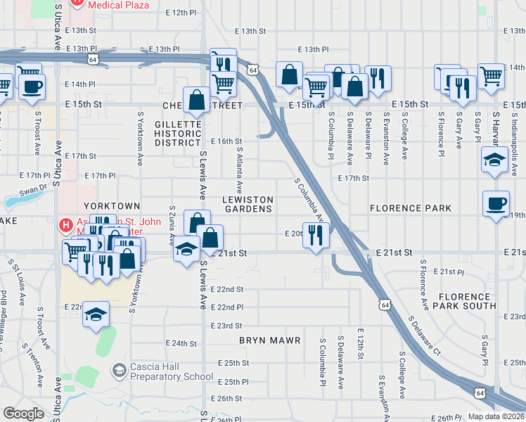 map of restaurants, bars, coffee shops, grocery stores, and more near 2524 East 19th Street in Tulsa
