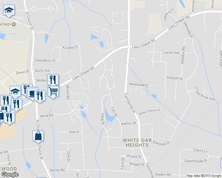 map of restaurants, bars, coffee shops, grocery stores, and more near 100 Queensberry Court in Greensboro