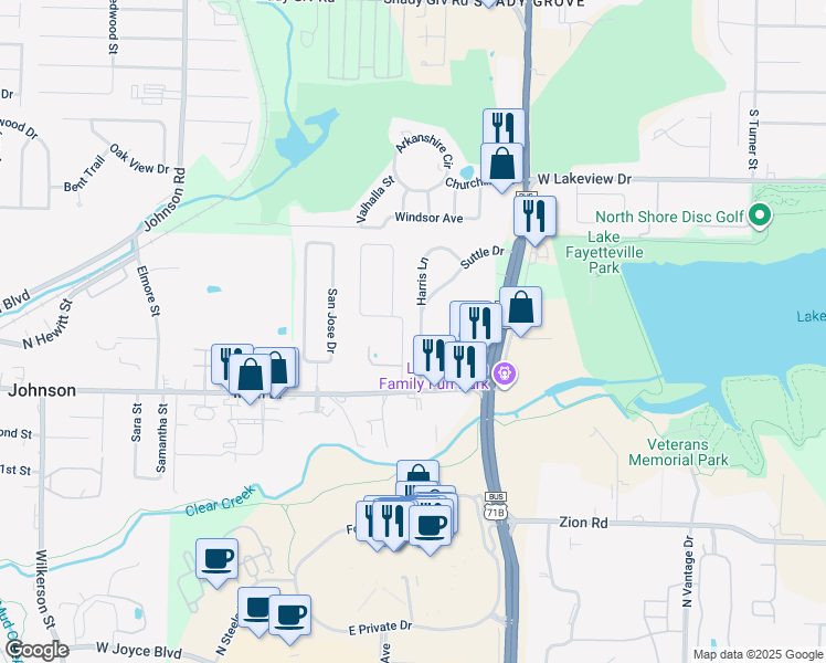 map of restaurants, bars, coffee shops, grocery stores, and more near 206 Suttle Drive in Springdale