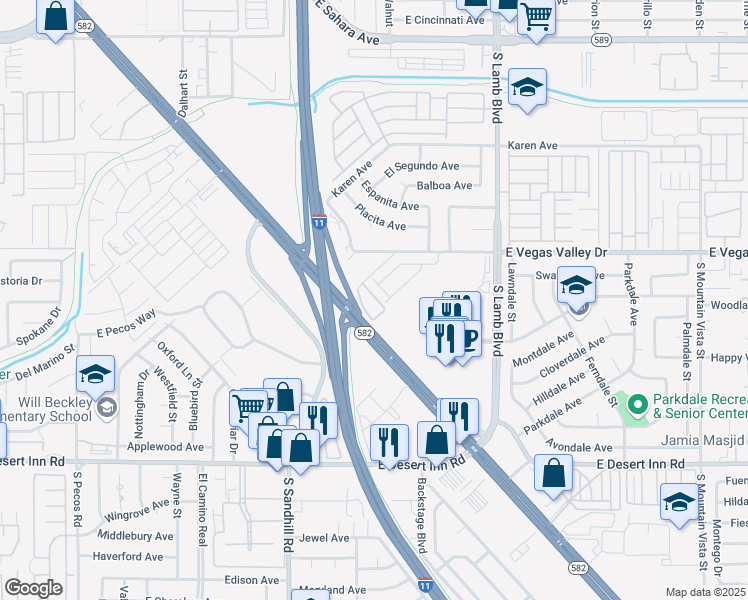 map of restaurants, bars, coffee shops, grocery stores, and more near 3000 South Sandhill Road in Las Vegas