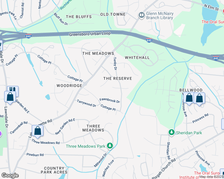 map of restaurants, bars, coffee shops, grocery stores, and more near 9 Silver Oak Court in Greensboro