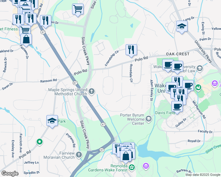 map of restaurants, bars, coffee shops, grocery stores, and more near 257 Crepe Myrtle Circle in Winston-Salem