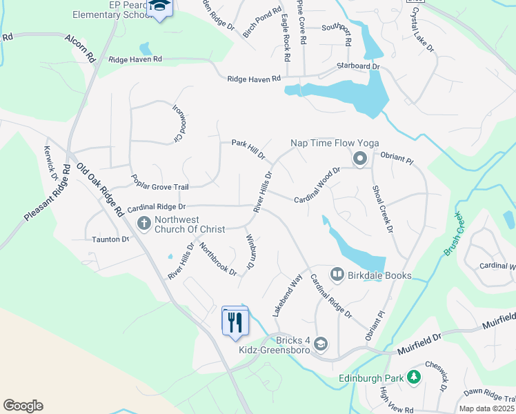 map of restaurants, bars, coffee shops, grocery stores, and more near River Hills Drive in Greensboro