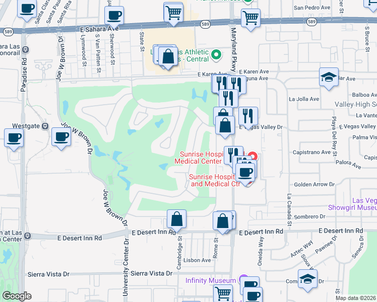 map of restaurants, bars, coffee shops, grocery stores, and more near 3012 Bel Air Drive in Las Vegas
