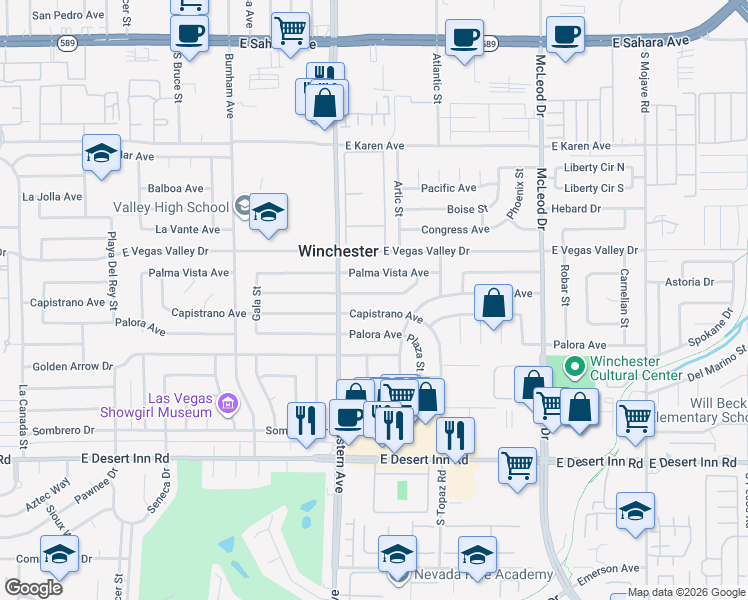 map of restaurants, bars, coffee shops, grocery stores, and more near 2452 Capistrano Avenue in Las Vegas