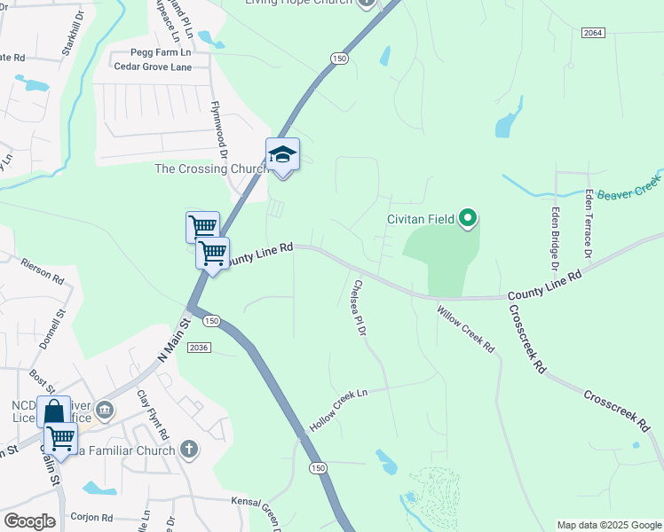 map of restaurants, bars, coffee shops, grocery stores, and more near 9446 County Line Road in Kernersville