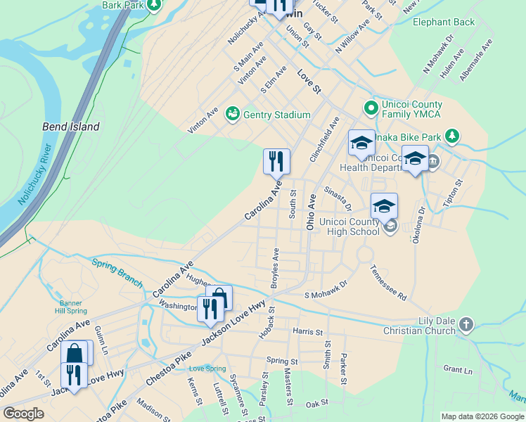 map of restaurants, bars, coffee shops, grocery stores, and more near 610 Carolina Avenue in Erwin